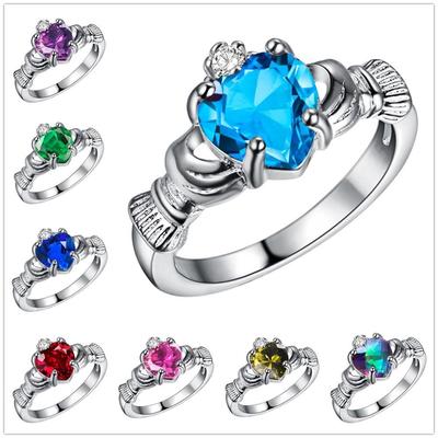 Silver Heart Ring Fashion Creative Crystal Diamond Hand Holding Love Ring