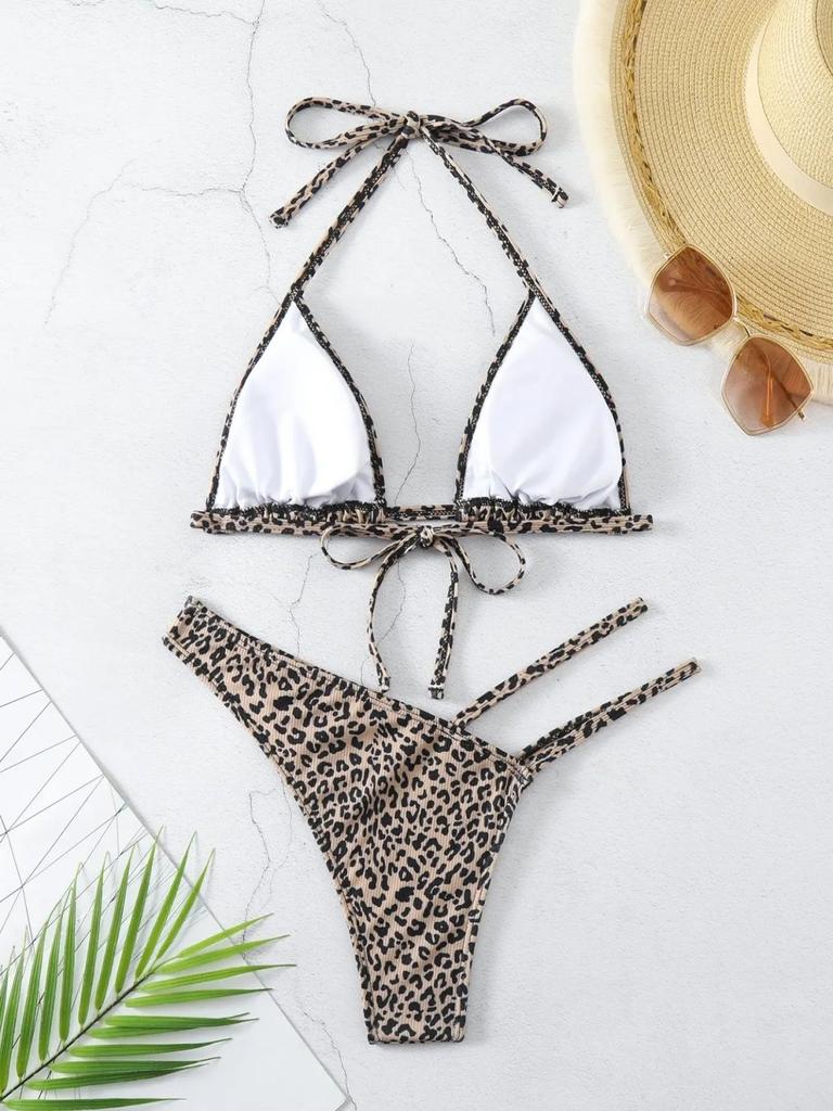 Leopardenmuster Bikini Set Damen Ausgeschnittenes Dreieck BH zum Binden String Split Biquini Badeanzug Sexy Badeanzug 2-teilige Sets