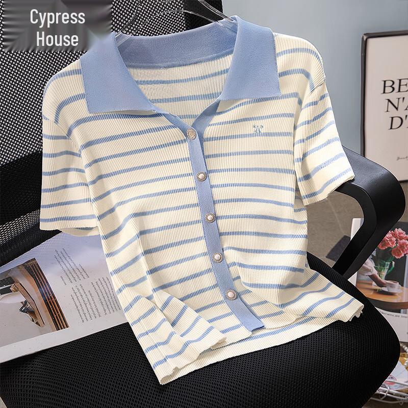 Women s Slim-Fit Contrast Stripe Knit Button-Up Top S