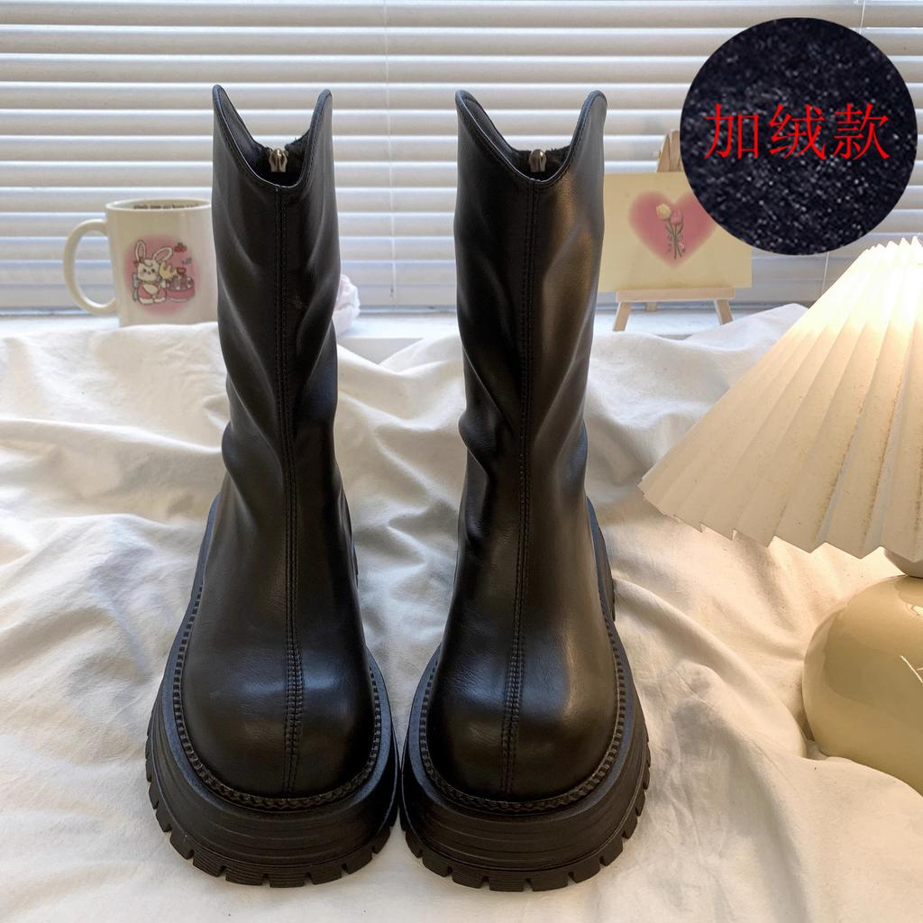 Women Boots New Thick Sole Stacked Fashion Brown Black 2026 Short Boots Wrinkled Leather Platform Casual Botines Chelsea Shoes
