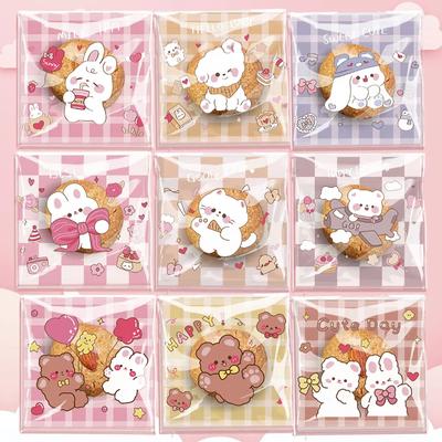 100 pezzi carino piccolo orso e coniglietto stampato sacchetto autosigillante trasparente carino piccolo cartone animato sacchetto Opp regalo per festival piccole borse
