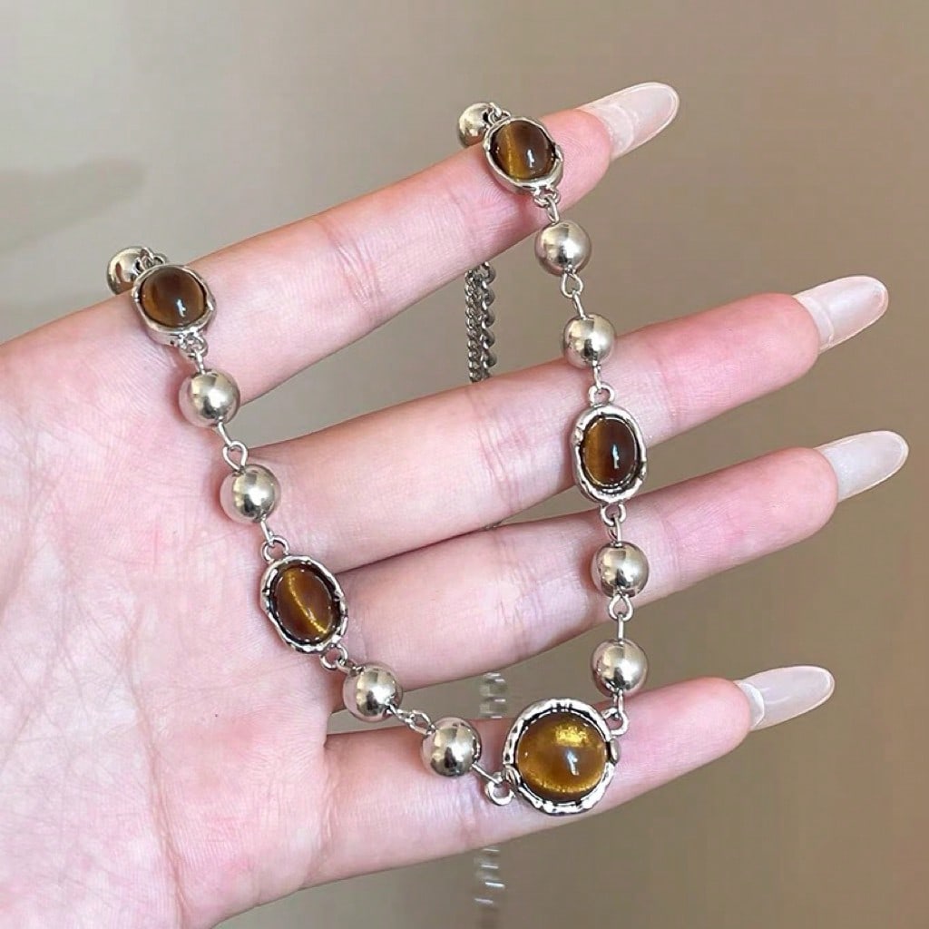 1pc Fashion Vintage Sphere Titanium Steel Chain Necklace, Luxurious Minimalist Brown Resin Titanium Steel Bead Choker Necklace For Women