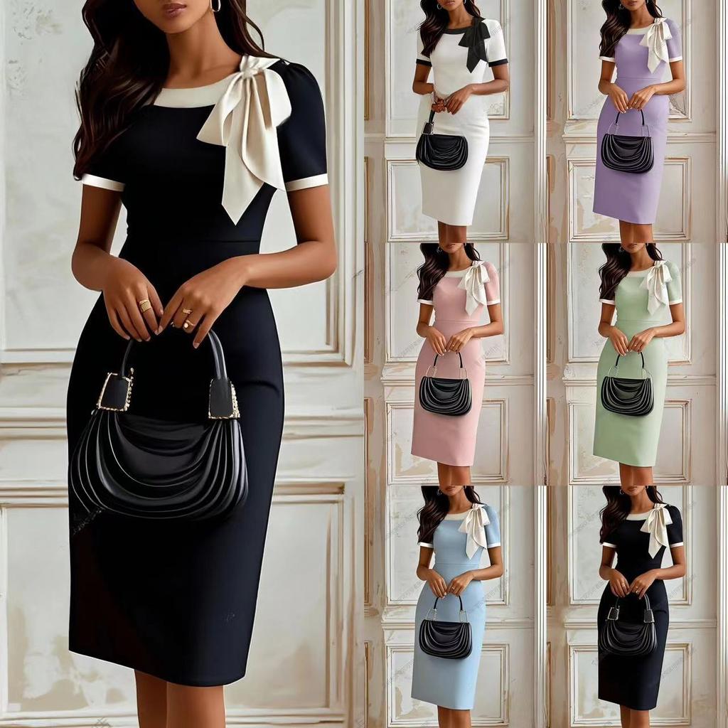 Crew Neck Bow Contrasting Color Slim Dress Splicing Socialite Party Banquet Dress