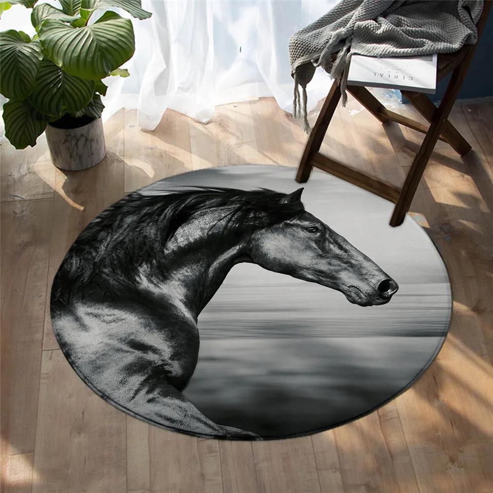 3D Running Horses Round Carpet Non-slip Mat Luxury Wild Horse Area Rug for Game Room Bedroom Decoration