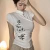 T-shirt Nere Estive in Cotone a Maniche Corte Stile Cinese con Collo alla Coreana Y2k E-Girl Slim Fit Top Versatili Donna