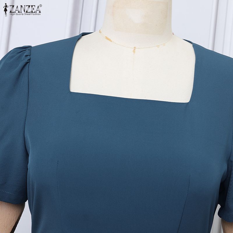 ZANZEA Women Square Collar Summer Casual Short Sleeve Dress