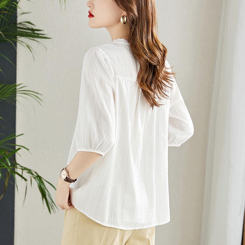 Lace Lace V-neck Shirt for Women's Summer New French Chic Loose Top Pure Cotton White Shirt