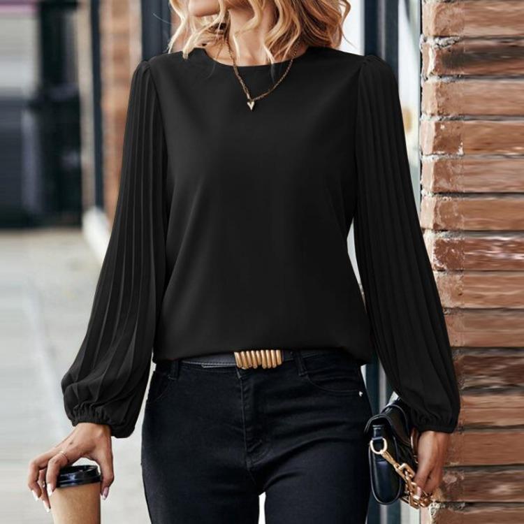 Casual Women Top Long Sleeve Round Neck Solid Color Pleated Loose Blouse Open Front Tie Button S чёрный