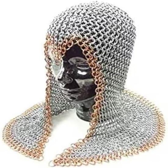 Armor Chainmail Hood Aluminum with Battles Medieval Design Gold Ring, Costume