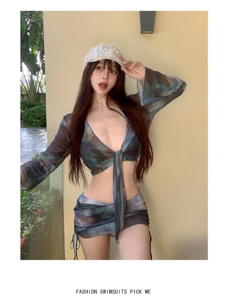 Spicy Bikini Set: Women's 4-Piece Beach & Hot Spring Swimwear with Skirt