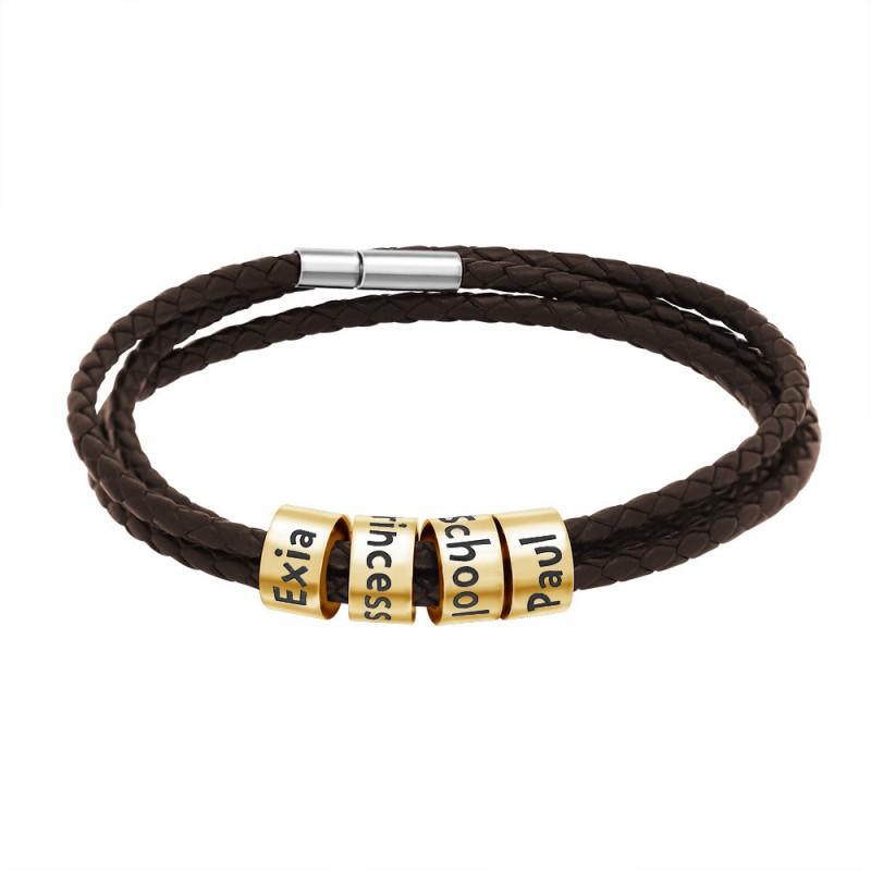 Mens Black Leather Cord Bracelet With Custom Engraved Letters Stainless Steel Beads Adjustable Woven Design Fathers Day Gift