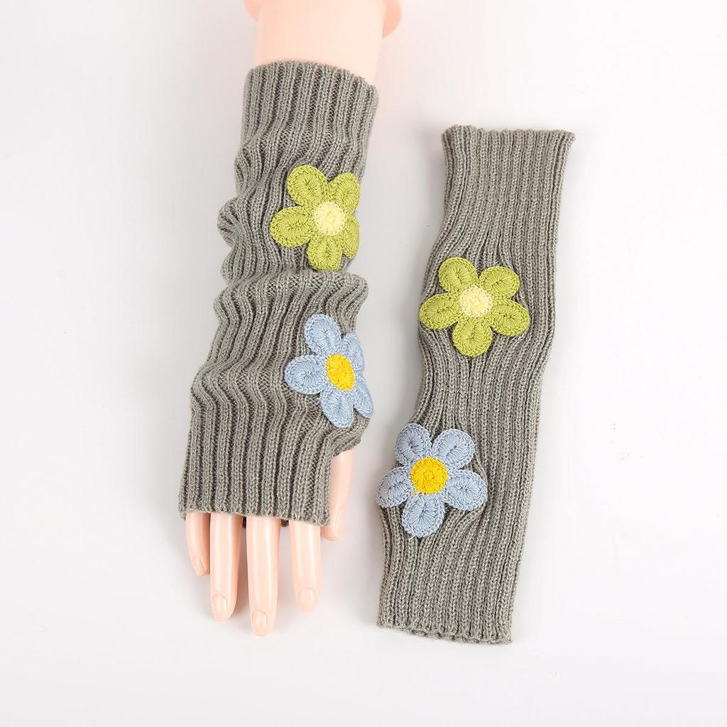 2024 College Style Ruched Fingerless Flower Gloves for Women – Autumn Winter Knitted Wool Warm Arm Sleeves