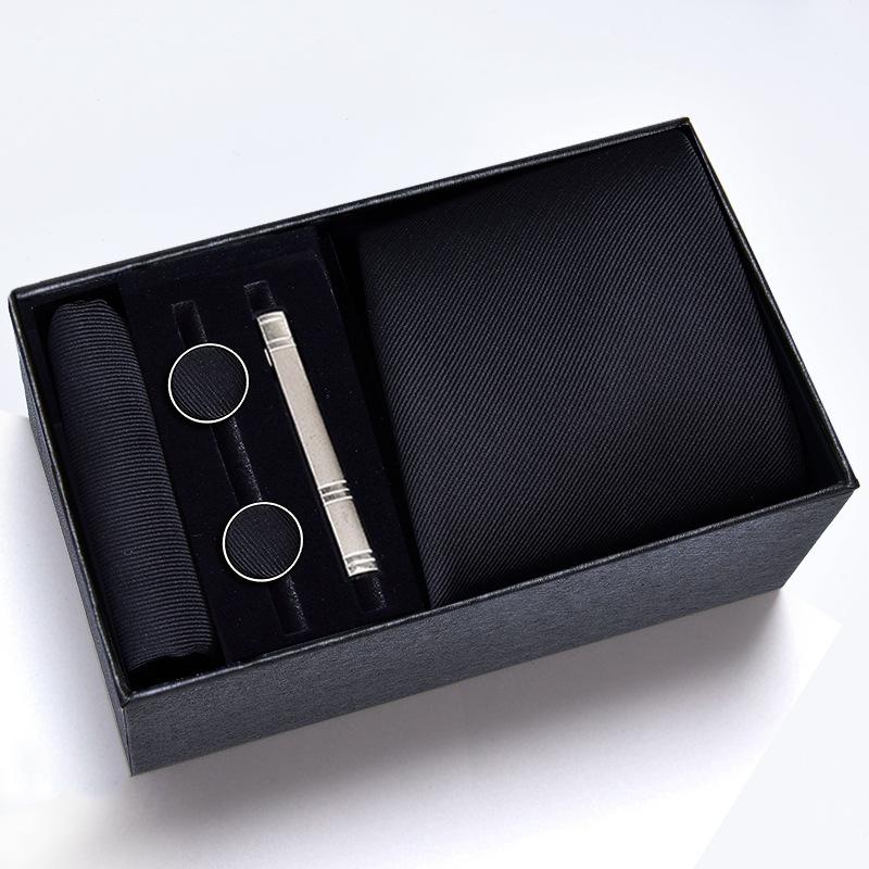 Gift Box Men'S Tie Square Scarf Cufflinks Tie Clip Five-Piece Set, Formal Business Blue Stripes