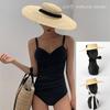 Pălărie Boater cu Bor Lat 10cm 15cm Bor Pălărie de Paie Plat Femei Vară Kentucky Derby Cravată cu Panglică Alb-Negru Pălărie de Soare Șapcă de Plajă