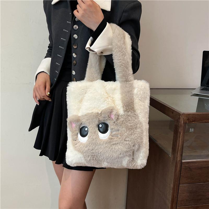 Fashion Cute Plush Cat Pattern Shoulder Bag, Autumn Winter Chic Plush Tote Bag for Women, Cartoon Cat Soft Faux Fur Handbag