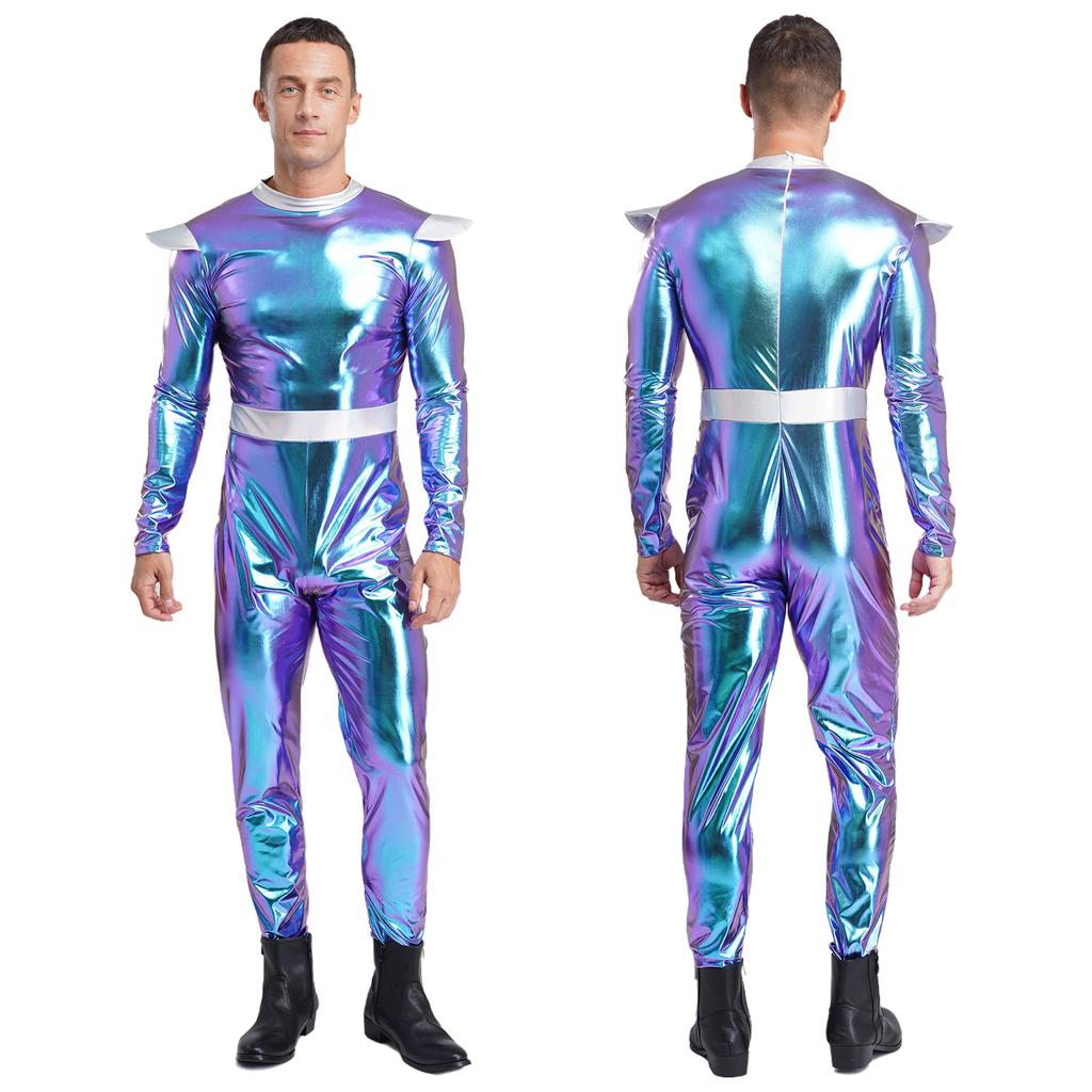 One-Piece Outer Space Costume for Men M-3XL: Easy Wear Long Sleeve Jumpsuit, Combines Cute & Robotic Styles for Photos