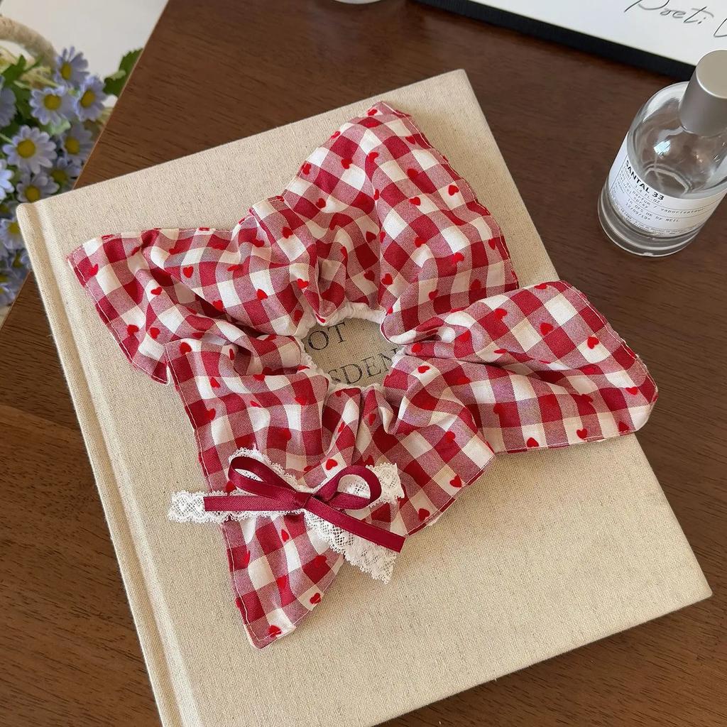 Women's Scrunchies Sweet Style Red Checkered Heart Shaped Hair Band Sweet Lace Hair Hair Tie Square Scarf Hair Tie Leather Band