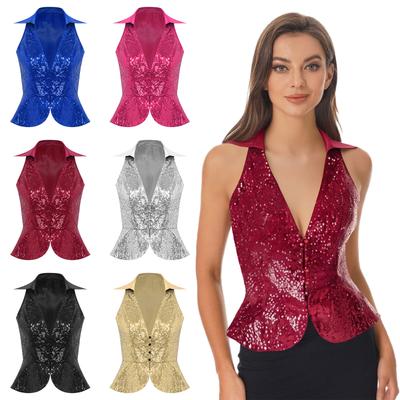 Damen Stilvolle Einfarbige Weste Reversdesign Ärmellos Glitzernde Pailletten-Details Party-Top Nachtclub-Outfit