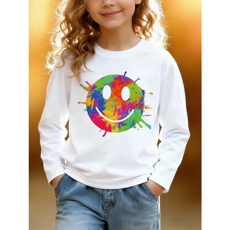European sizes Kids' Long Sleeve Top, Fashionable Round Neck Sweatshirt with Colorful Splatter Smile Pattern, Cute Top for Daily Casual Wear