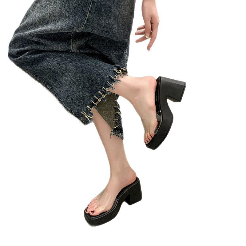 European and American high-heeled slippers women's summer outer wear 2025 foreign trade new transparent one-word strap sandals