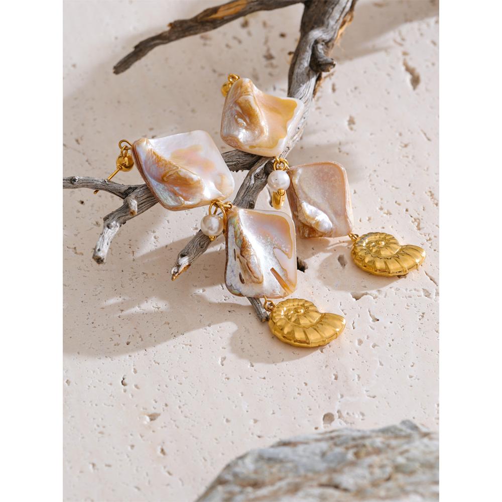 Eetit Ocean Series Square Shell Conch Drop Earrings Summer Holiday Golden Stainless Steel Jewelry Waterproof Recommend New