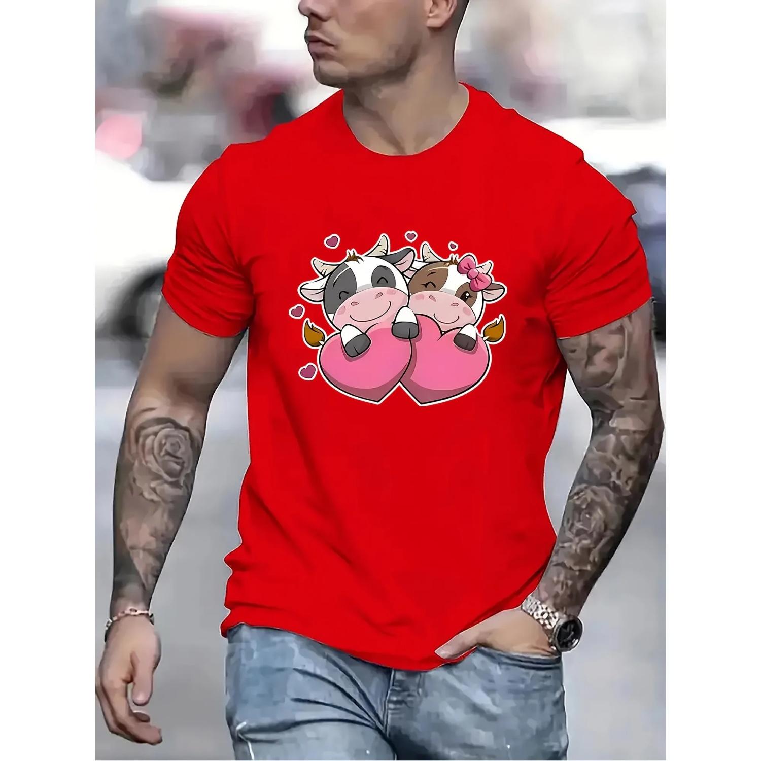 

Cute Couple Cows Heart Graphic Men s Casual T-Shirt Short Sleeve Round Neck Tee Breathable Trip S чёрный