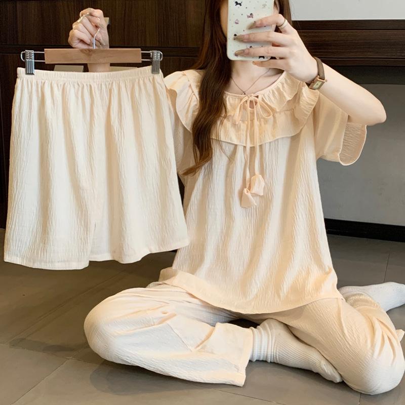 French Court Style Summer Round Neck Pajamas Women'S Short-Sleeved Three-Piece Temperament Girl Cloud Cotton Loungewear