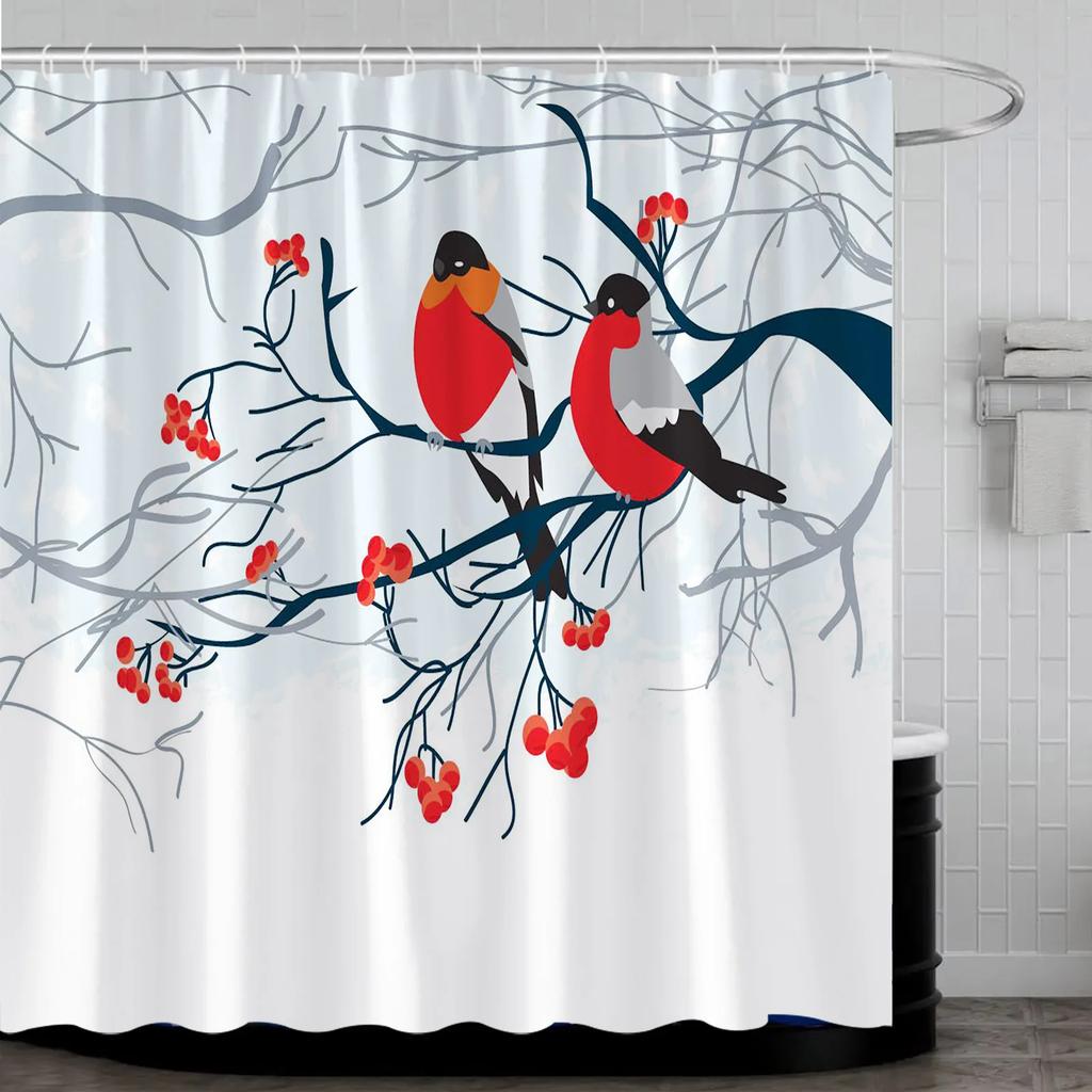 Christmas Shower Curtain, Funny Snowman Red Xmas Balls Snow Pine Branch Green Buffalo Plaid Fabric Washable Bathroom Curtain Set