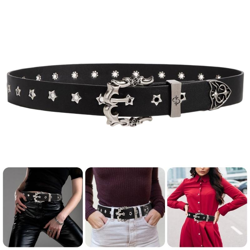 Adjustable Gothic Punk Belt For Women With Detachable Metal Chain And Studded Design