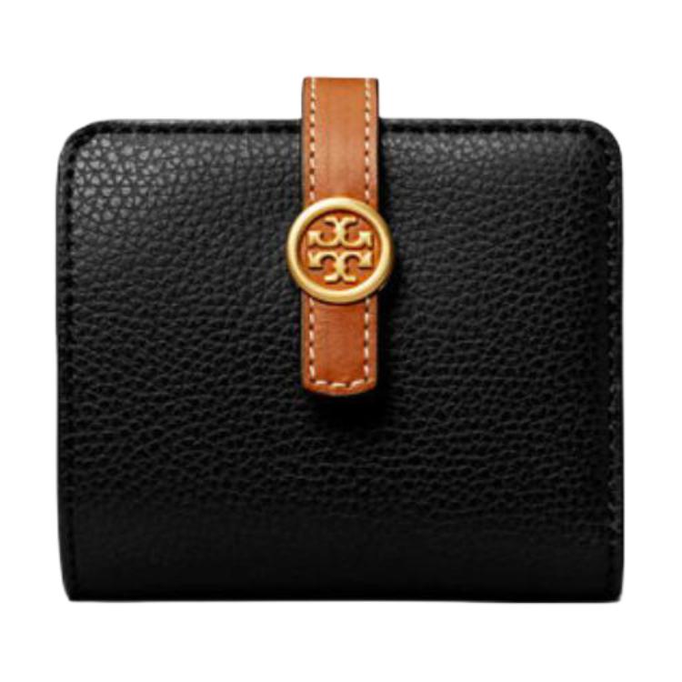 Tory Burch Robinson Mini Wallet With Brass Hardware And Snap Closure In Litchi Grain Leather And Calfskin Women wallet Black 146368-001 Black