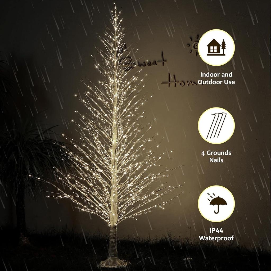 7FT Lighted Birch Tree LED Warm White Twinkle or Steady Lights for Indoor/Outdoor Christmas Decoration