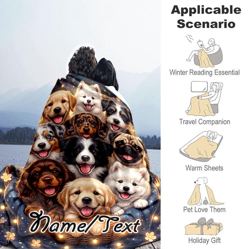 1PC Custom Name Puppy Basket Night flannel blanket versatile,all-season throw suitable for the living room,bedroom,camping,travel,and gift