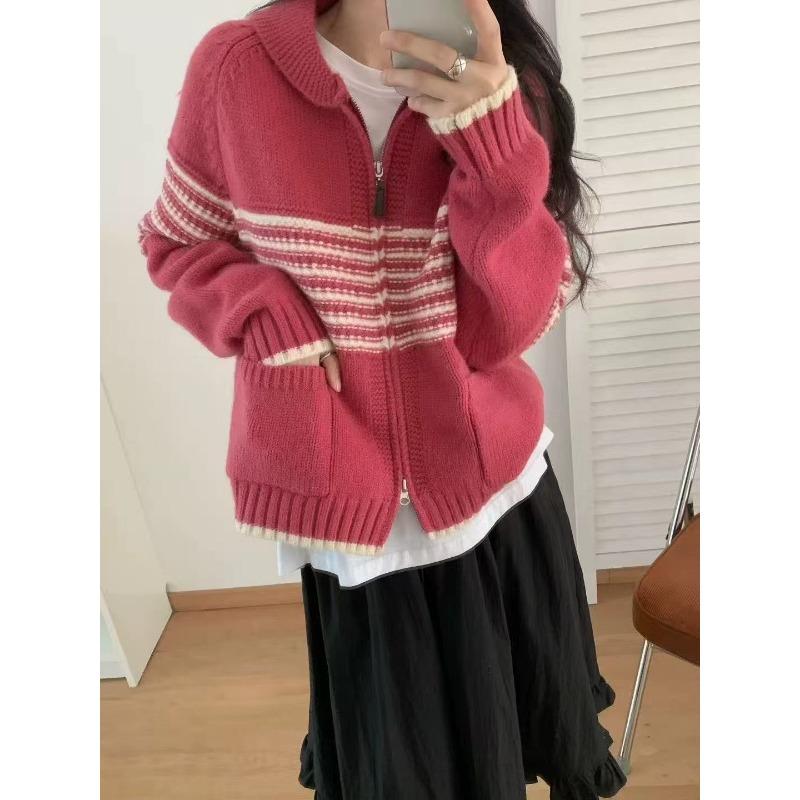 

Женский трикотажный кардиган с лацканами в контрастную полоску, новинка осени и зимы, свободный вязаный топ в ленивом стиле, утолщенный average size розы красного