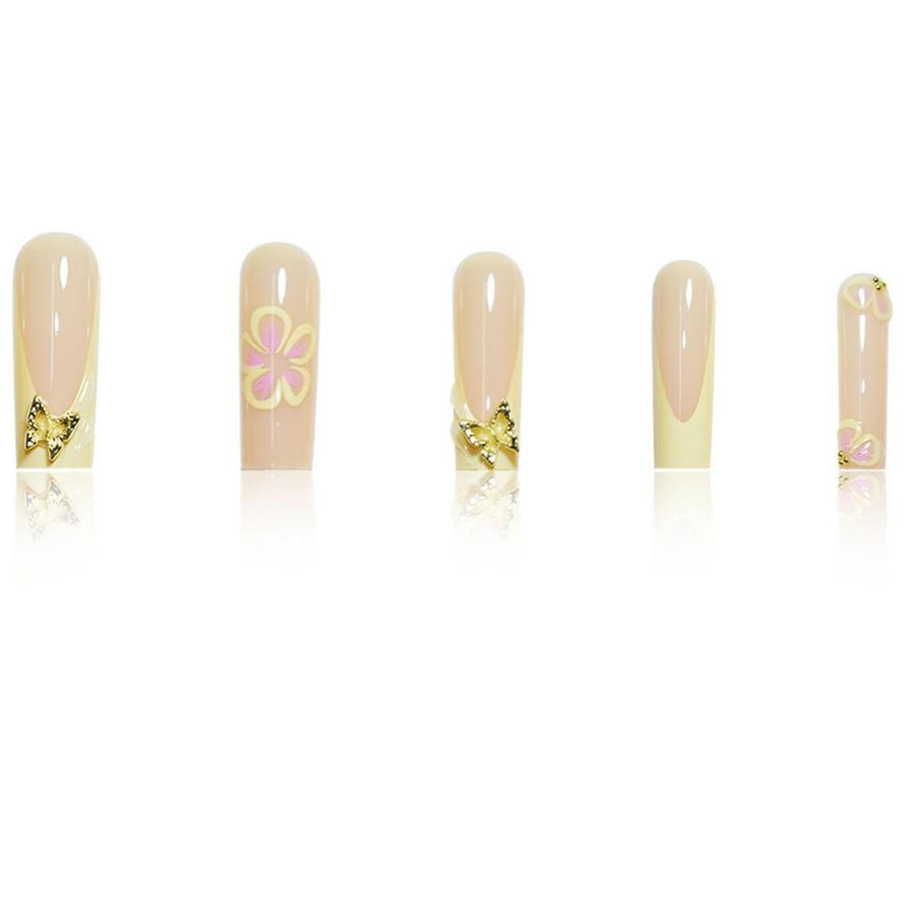 24Pcs Extra Long Coffin Press On Nails, Nude with Yellow French Tips & 3D Flower & Gold Butterfly Fake Nails