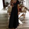 Women Plus Size V Neck Short Sleeve Black White Printed Straight Long Dress