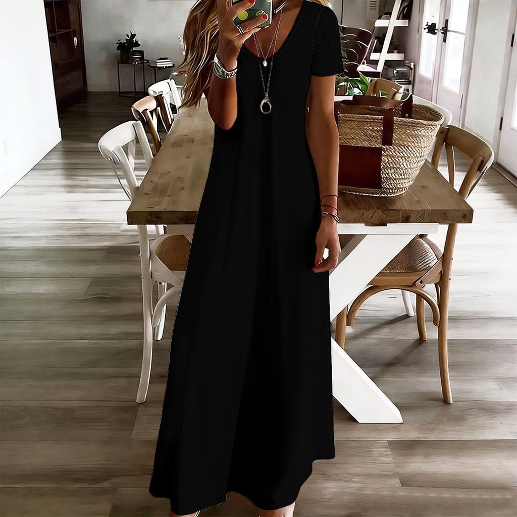 Women Plus Size V Neck Short Sleeve Black White Printed Straight Long Dress