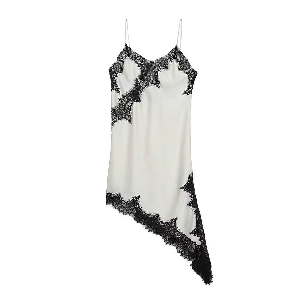 Vestido Mini de Fiesta Sexy para Mujer con Retazos de Satén y Encaje, Espalda Descubierta, Asimétrico, Tirantes Finos