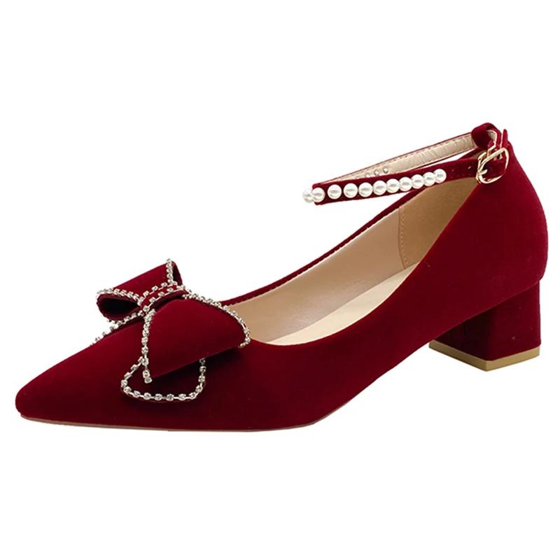 Red Crystal Wedding Pumps Women Pointed Toe Rhinestone Bowtie Bride Shoes for Wedding 2024 Luxury Pearls Ankle Strap Pumps Woman