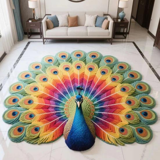 3D Peacock Pattern Plush Rug Non-Slip Backing Easy to Clean Various
