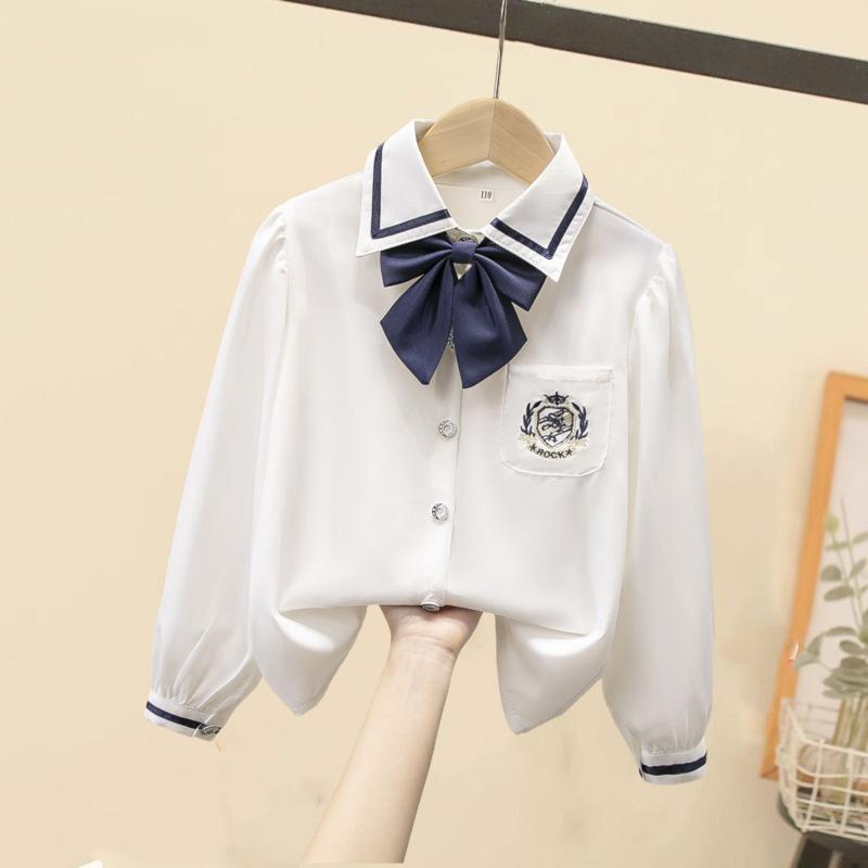 Girls Ruffled Collar Long Sleeve White Blouse Kids Elegant Lapel Button Down Shirt