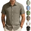 Men Linen Blend Lapel Collar Pocket Button Down Short Sleeve Casual Beach Vacation Shirt