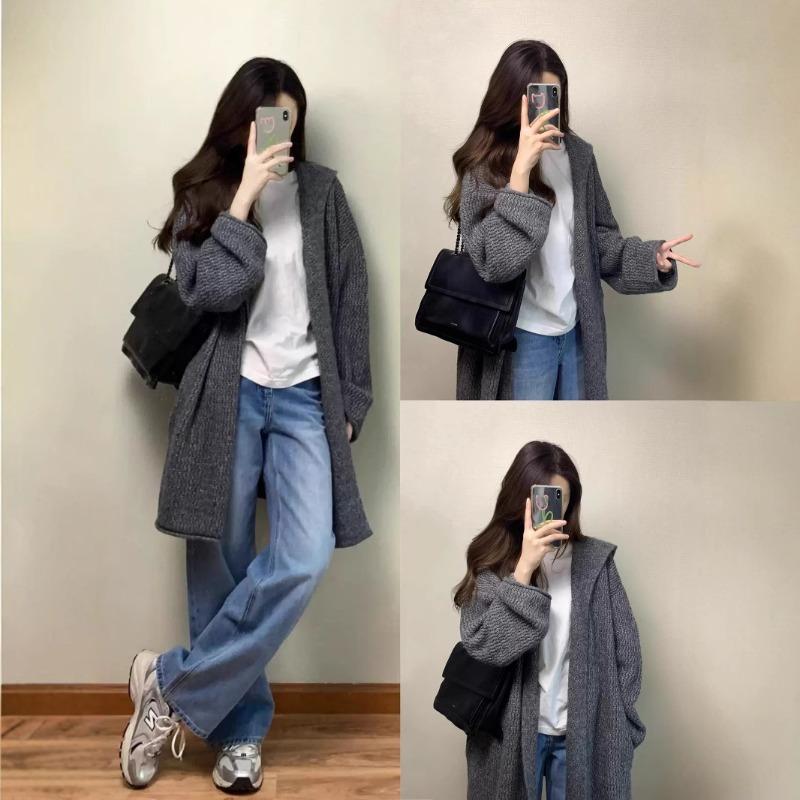 Autumn and winter new gray hooded medium and long knitted cardigan loose lazy style versatile sweater jacket women