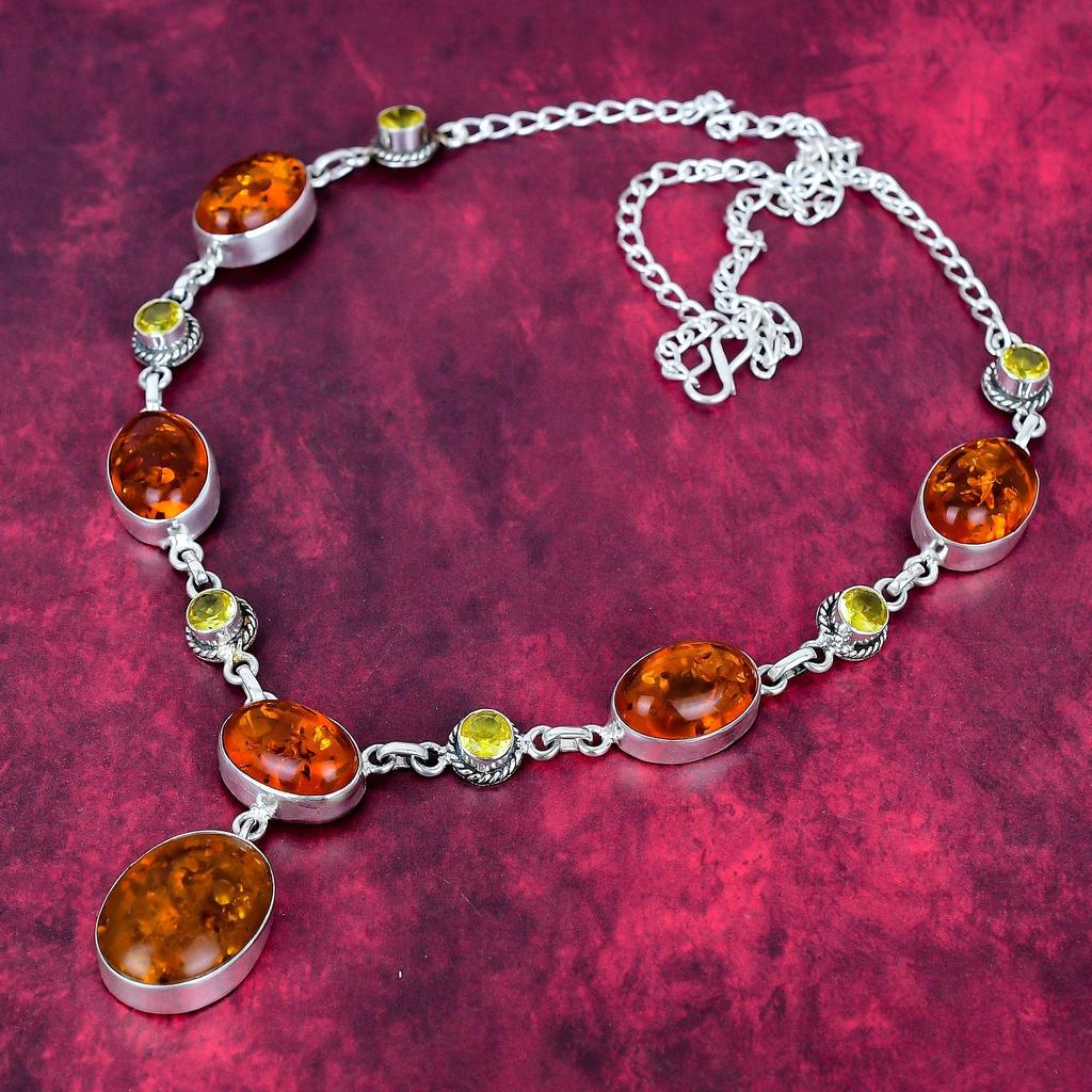 Baltic Amber & Citrine Necklace Gemstone Jewelry, 925 Solid Sterling Silver Adjustable Chain Necklace, Gift For Women Handmade Necklace