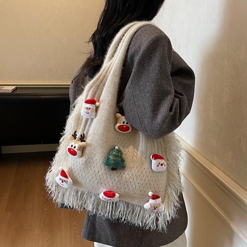 Korean Style Cute Cartoon Winter Yarn Shoulder Bag with Tassels - Versatile Large Capacity Tote