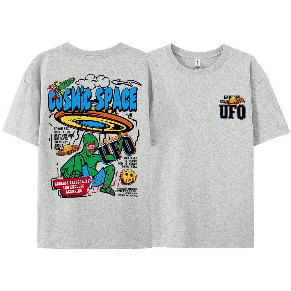 Summer Men's Letter UFO Alien Print Round Neck Short Sleeved Street Casual 100% Pure Cotton Hip-hop Loose T-shirt