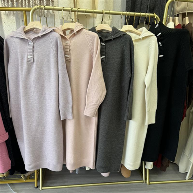 

Нежный лацкан свободный ленивый стиль новое платье осень и зима длинный вязаный модный универсальный свитер one size fits all чёрный