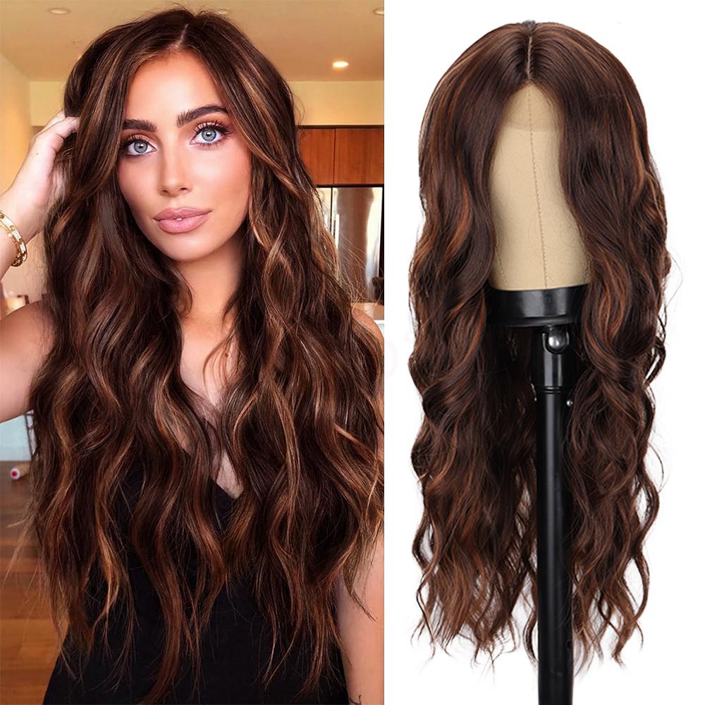 

Длинный черный волнистый парик для женщин 26-дюймовый длинный вьющийся парик Естественный вид синтетического термостойкого волокна Черный парик для повседневного использования 65cm