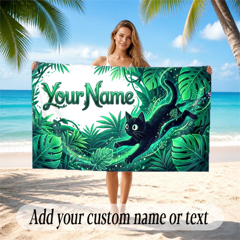 Cat Theme Soft Beach Towel Personalized Custom Name Text Towel Portable for Beach Pool Travel