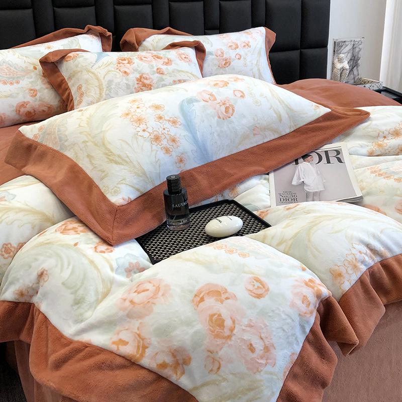 

Vintage Coral Fleece Winter Bedding Set: Double-Sided Velvet Sheets and Duvet Cover 1.5m Bed Set, Duvet 200x230cm