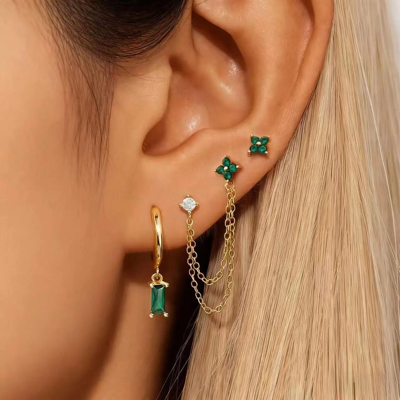 PONYKISS Тибетское серебро Циркон Цветок Квадратная цепь Гвоздики Серьги для женщин Модные Растение Мода Минималистичные Аксессуары